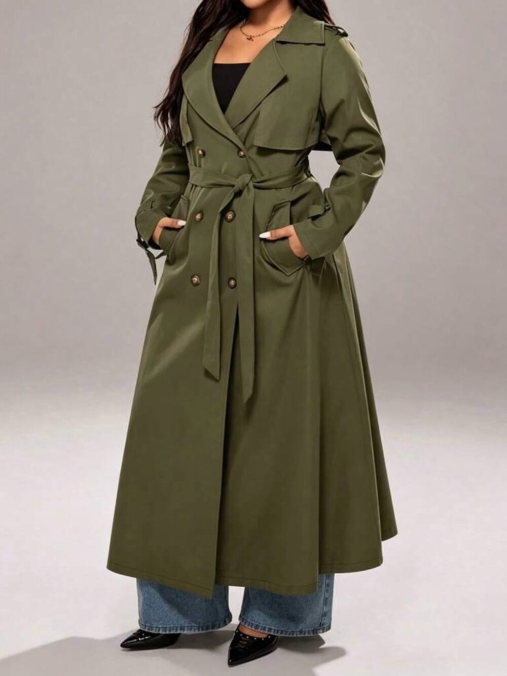 Olive Green Double Breasted Maxi Long Trench Coat